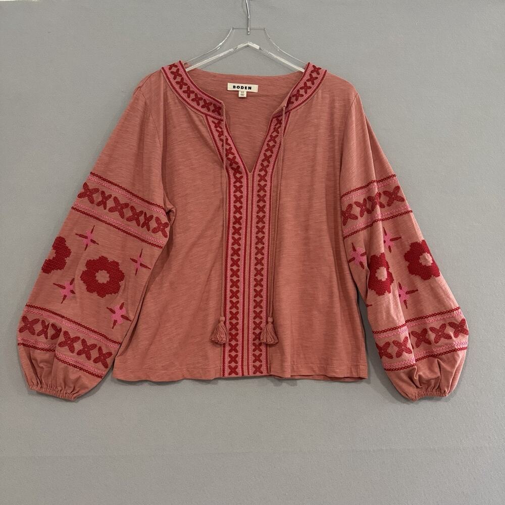 Boden Diana Tie Neck Top Women's 12 UK16 Pink Embroidered Long Puff Sleeve Boho